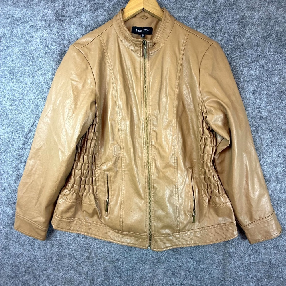 New Look Faux Leather Jacket Womens 1X Beige Biker Outdoor Side Smocked Full Zip
